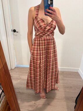 Long Pink Plaid Sweetheart Dress, Size XS. Made in Los Angeles